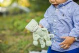 Light green organic cotton baby frog stuffed animal, 9 inches long.