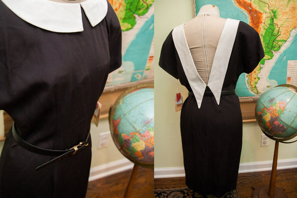Vintage 80s Black Dress with Peter Pan Collar and Sexy Back // ONH Item 1675