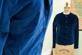 Vintage 80s Geoffrey Beene Beenebag jacket in blue velvet with subtle white polka dots.