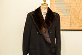 Vintage Dunhill Tailors black wool coat with plush dark fur collar and lapels.