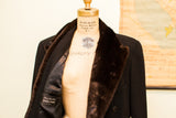 Vintage Dunhill Tailors coat, dark fur collar, black wool, and interior brand label.