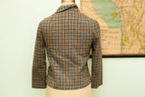 Vintage Kirkland Hall petite jacket, back view with brown, blue houndstooth pattern.