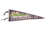 Dark blue felt pennant, vintage Alexandria Bay NY Boldt Castle graphic, 8x26 inches.
