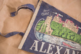 Boldt Castle text on vintage blue felt flag with frayed tie and stitched edge.