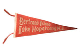 Vintage Bertrand Island Lake Hopatcong NJ Felt Flag with off-white gothic lettering on red felt.