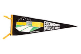 Vintage Eisenhower Museum black felt flag with a colorful graphic of the building and yellow edge streamers.