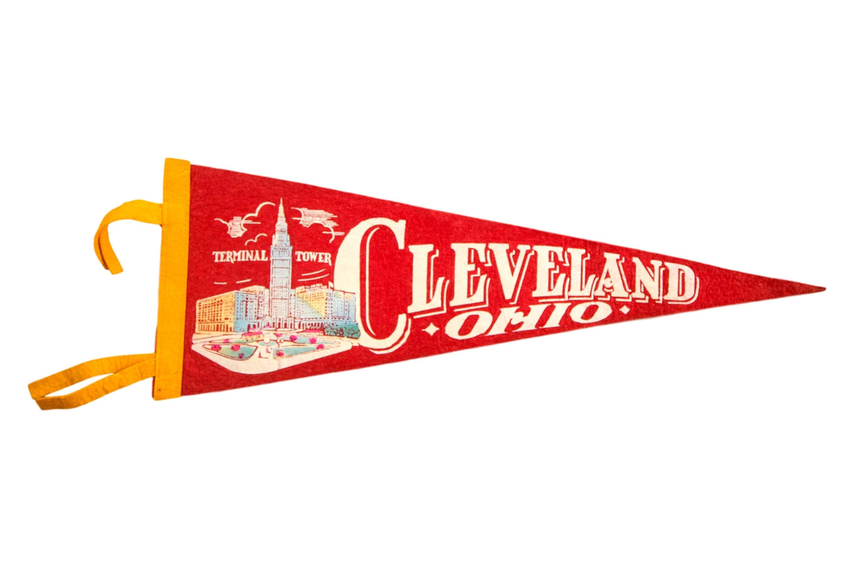 Vintage 1950s Cleveland Ohio red felt pennant with Terminal Tower graphic. 8x23 inches.