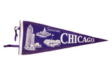 Vintage Chicago souvenir felt flag, white landmarks on blue background, 11x28.