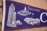 Detail of vintage blue felt Chicago souvenir flag, Tribune Building, Fort Dearborn graphics.