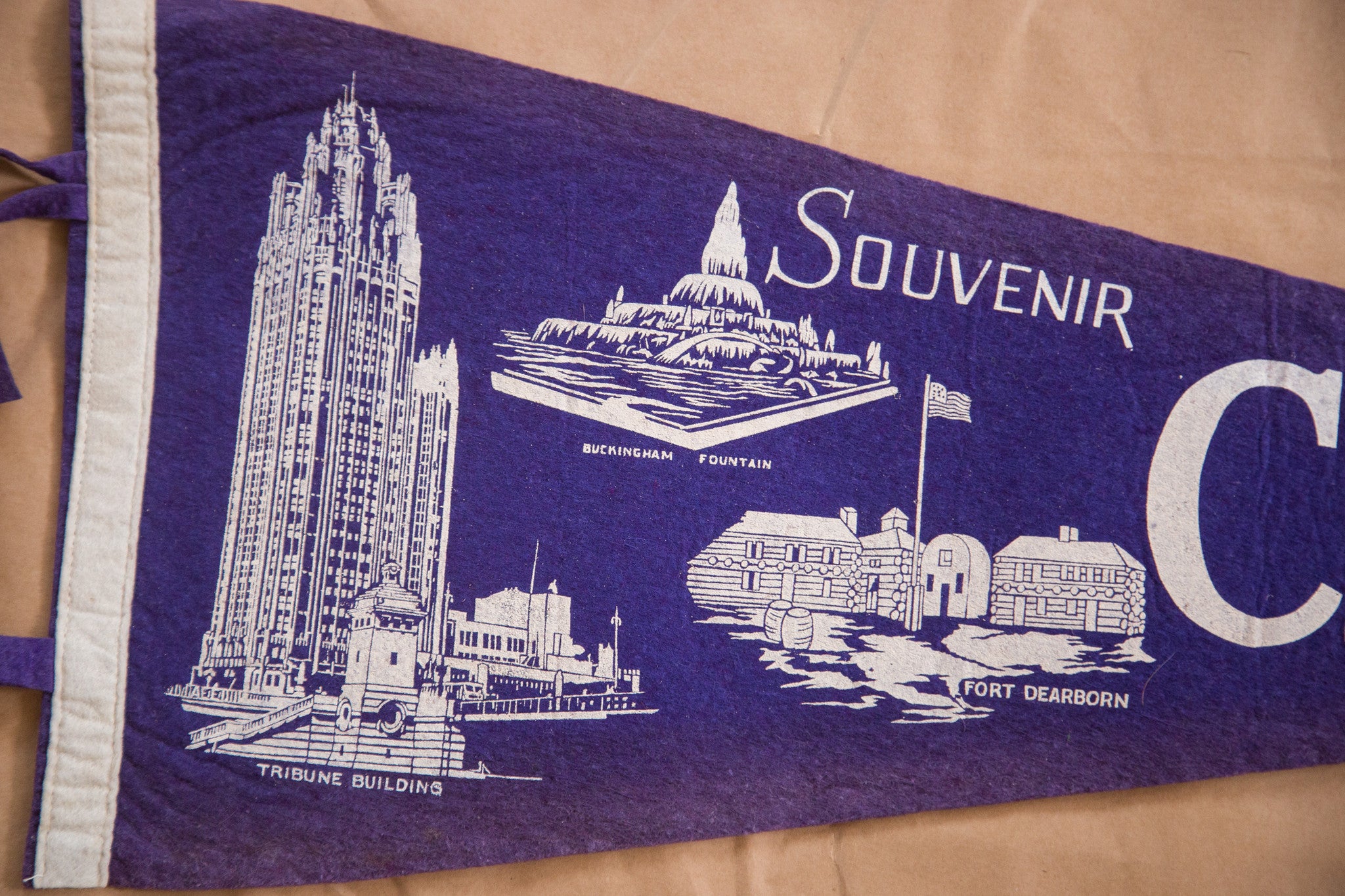 Vintage Souvenir Chicago Illinois Felt Flag Banner Pennant with Fort Dearborn Buckingham Fountain and the Tribune Building
