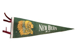 Vintage green felt New Bern pennant with Native American headdress graphic and white text.