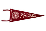Vintage deep red Packer Collegiate Institute felt pennant with white emblem and lettering.