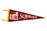Vintage Schoharie NY Old Stone Fort felt flag in maroon with cream lettering and illustration.