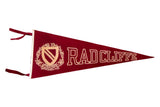 Vintage Radcliffe felt flag, red with off-white lettering and shield emblem, 11.5x29 inches.