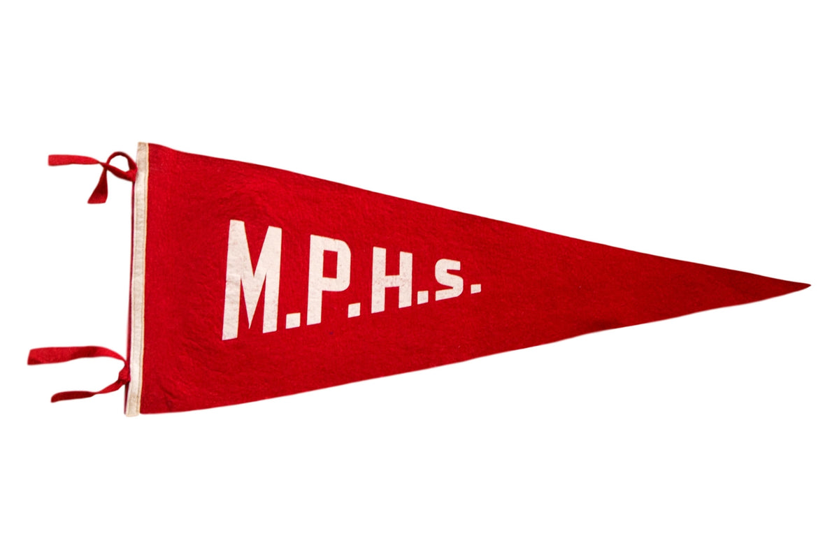 Vintage M.P.H.S. felt flag pennant in solid red with white capital lettering.