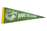 Vintage 1000 Islands International Bridge green felt flag with white graphic and lettering.