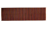 Vintage handwoven Kilim runner rug featuring deep blue and rust red vertical stripes, 4'9