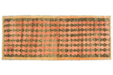 Vintage Oushak runner, abrash melon red and chocolaty brown checkered pattern, orange border.