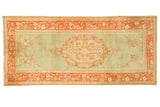 Vintage Oushak rug, 4x8, light green field, central medallion, brilliant rusty orange border.