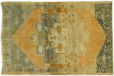 Vintage Oushak rug, pumpkin rust field, medallion, heavy teal, ivory, gold abrash, 6'6
