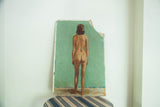 Vintage 1940s French oil painting, nude woman facing green wall, missing top corner.