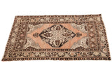Peach vintage Oushak rug, dark brown medallion, beige antiquity motifs, 3'4