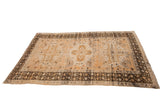 Vintage Oushak carpet, peach beige field, bronze geometric border, Caucasian medallions, 6'6