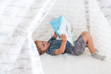 Kids White Modern Teepee interior with child reading, showing gray arrow canvas pattern.